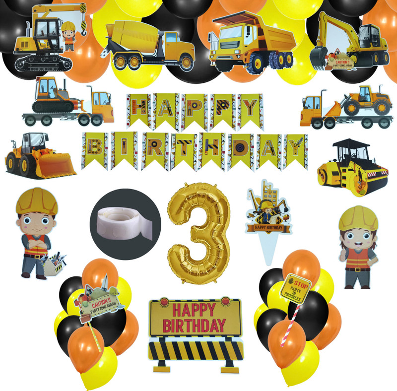 FLICK IN 57 pcs JCB Construction Theme Happy Birthday Decoration Set for 3rd Birthday