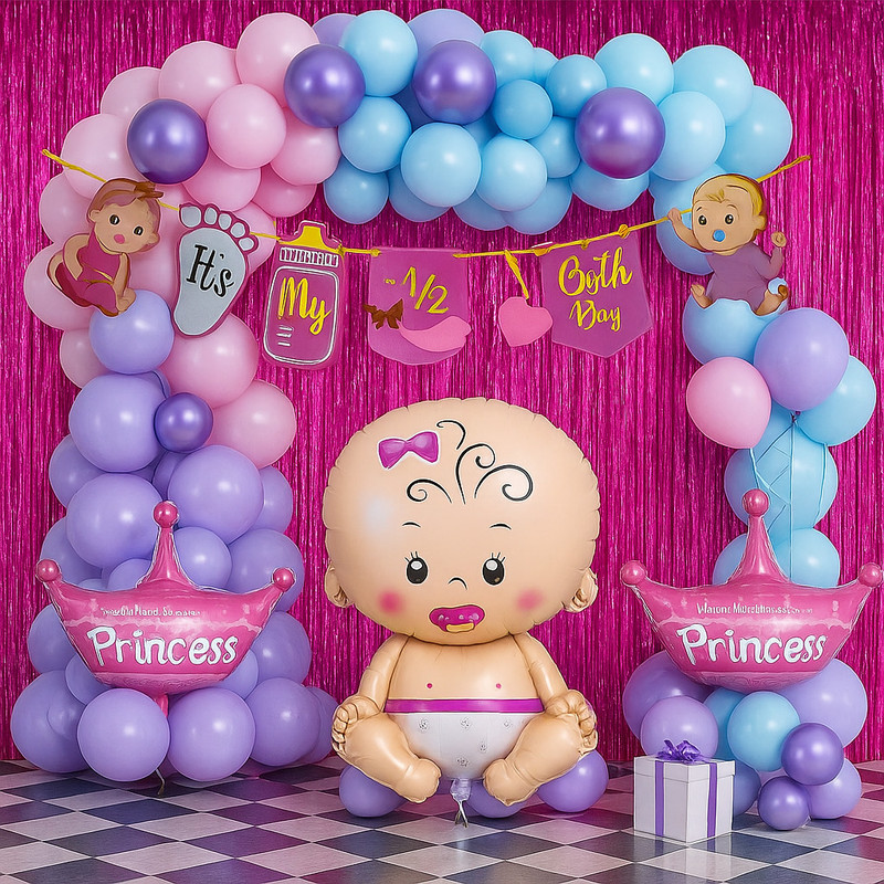 groovy dudz Half Birthday Decorations For Baby Girl 6 Months(Set of 45)