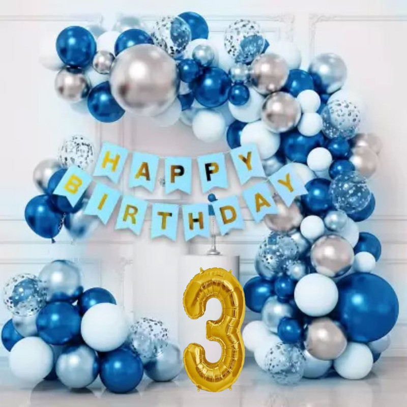 KR 3rd/Third Happy Birthday Decoration with Blue Silver White Confetti Balloon Arch(Set of 53)