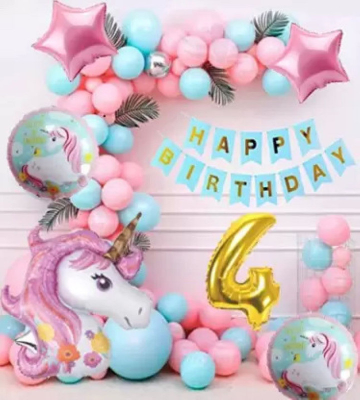KR 4TH / FOURTH BIRTHDAY DECORATION WITH UNICORN THEME BALLOON(Set of 37)