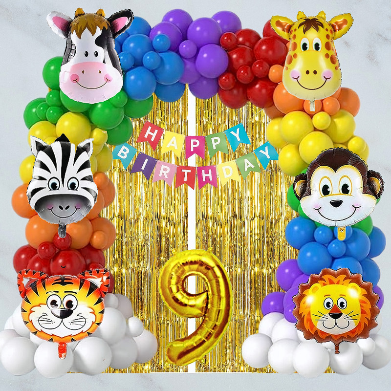 ANILOONS Multicolor Jungle Theme Decoration Kit - 9YR Happy Birthday Celebration(Set of 39)