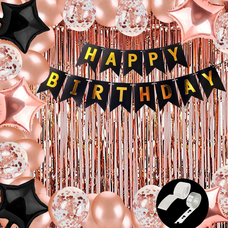 PARTY MIDLINKERZ Solid Happy Birthday Balloons Decoration Kit 68 Pcs, 1 set of Black "Happy Birthday" 13pcs alphabet Banner and 50pcs HD Metallic balloons(Rose Gold) and 8Pcs Rose Gold Confetti Balloons, 5Pcs of Star Balloons (3 Rose Gold, 2 Black) with 1Pc Glue Dot, 1Pc Arch Strip with 2Pcs of Rose