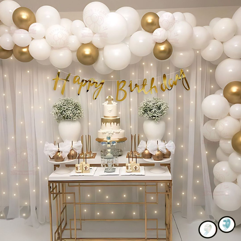DECOR SPARKS 76Pcs White & Gold Birthday Decoration Combo Set with LED & Balloons