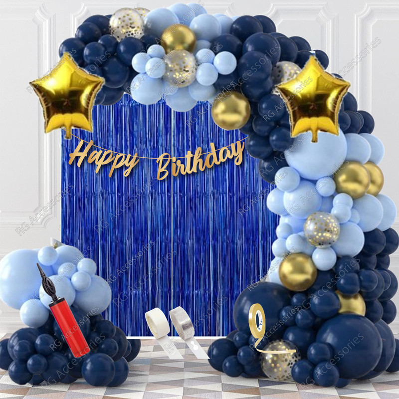 R G ACCESSORIES Golden Blue Balloons Happy Birthday Decoration Kit 1st Birthday Decoration(Set of 61)