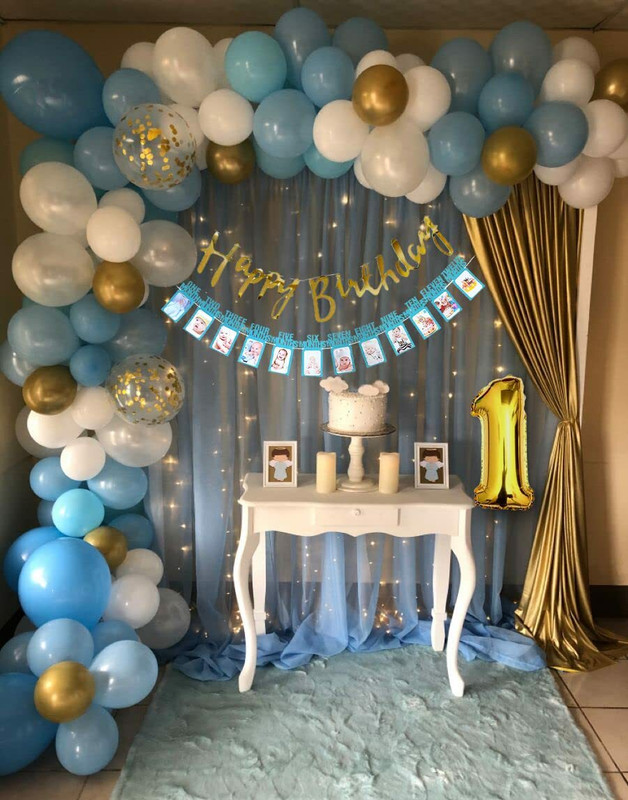 Fun and Flex First Birthday Boy Decoration kit Combo with White Net curtain and Led Light(Set of 89)