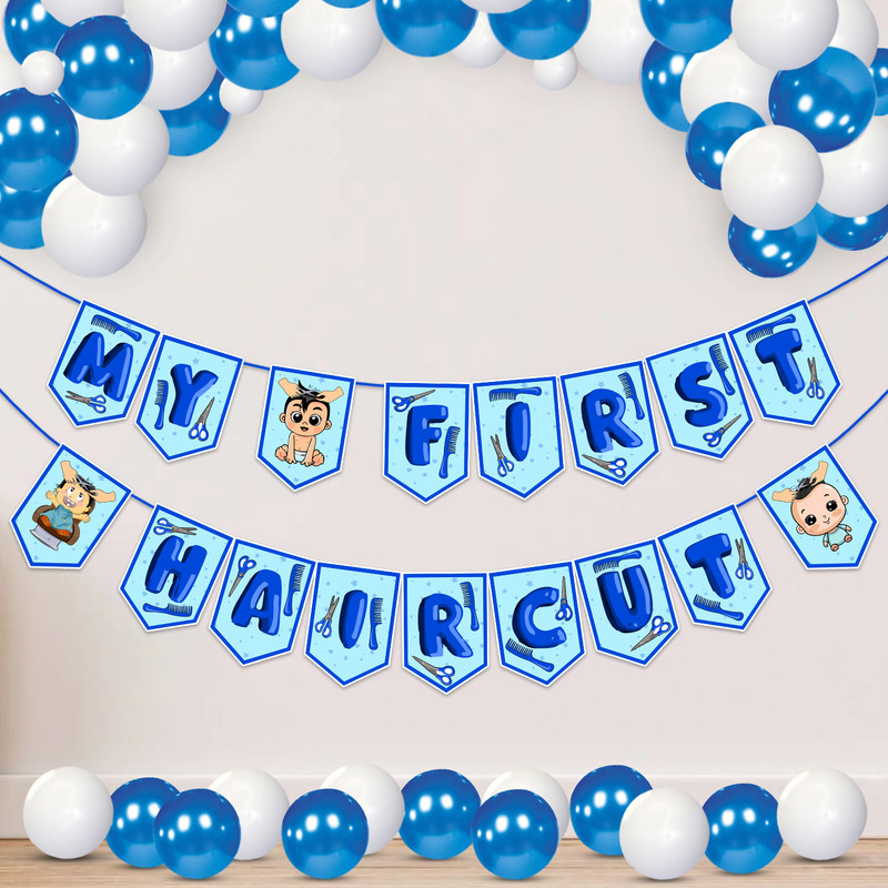 ZYOZI First Hair Cut/ Mundan Ceremony Decorations Item- Banner & Balloons (Pack Of 26)