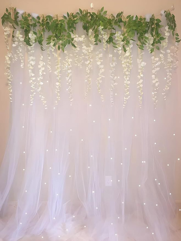Fun and Flex White Wisteria Backdrop Wall Decoration Kit with White net Cloth and Led Light(Set of 12)