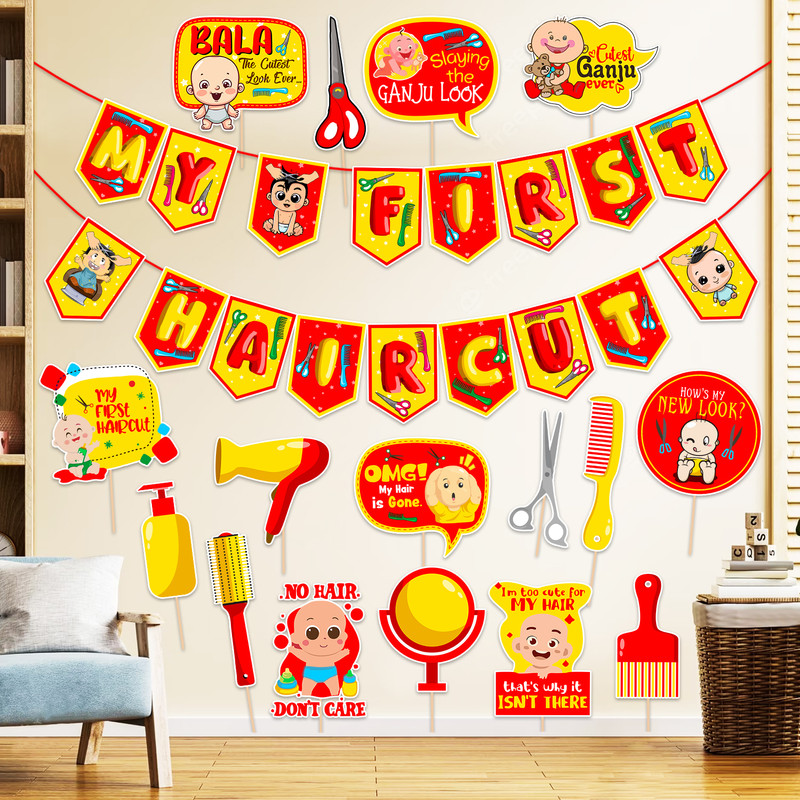 ZYOZI My First Hair Cut/ Mundan Ceremony Decorations-Banner & Photo Booth (Pack Of 17)