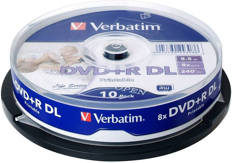 Verbatim DVD Recordable 64308 Double Layer DL Inkjet Printable IJP Pack of 10 Disc Cake Box Spindle 8.5 GB