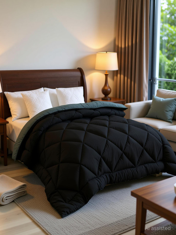 Relaxfeel Solid Double Comforter for Heavy Winter(Microfiber, black and dark grey)