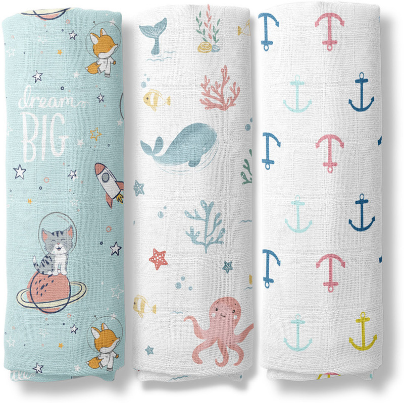 haus & kinder Printed Crib Swaddling Baby Blanket for  AC Room(Cotton, White, Blue)