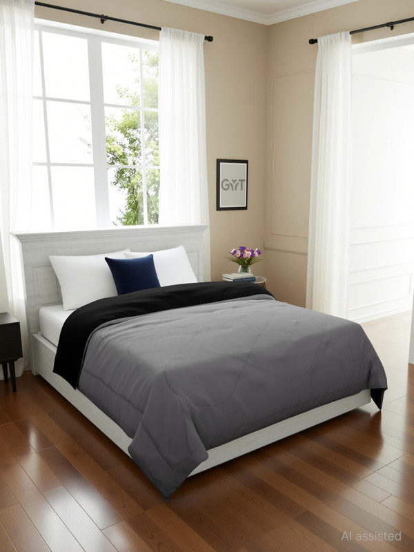 GYT Checkered Double Comforter for Heavy Winter(Microfiber, Black - Grey)