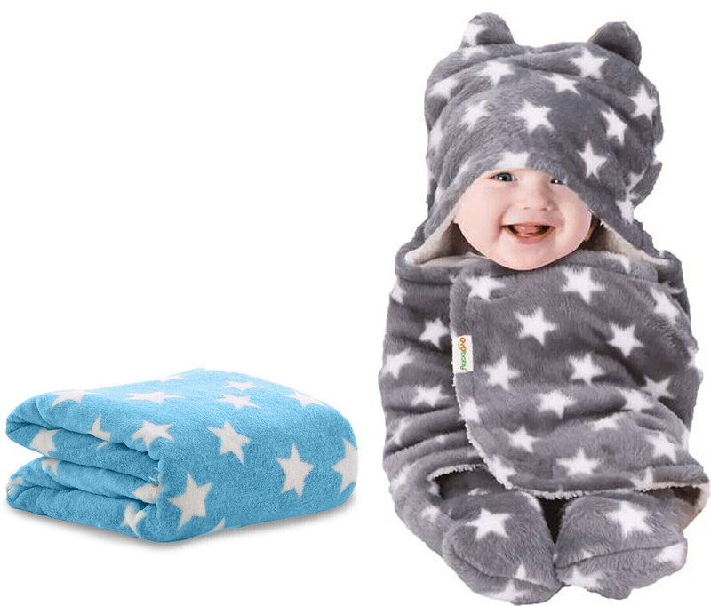 Oyo Baby Printed Crib Fleece Blanket for  AC Room(Woollen Blend, Blue, Grey)