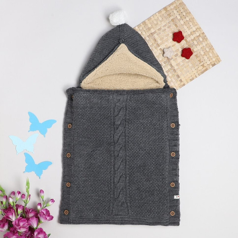 Yellow Apple Self Design Single Hooded Baby Blanket for AC Room(Woollen Blend, Grey)
