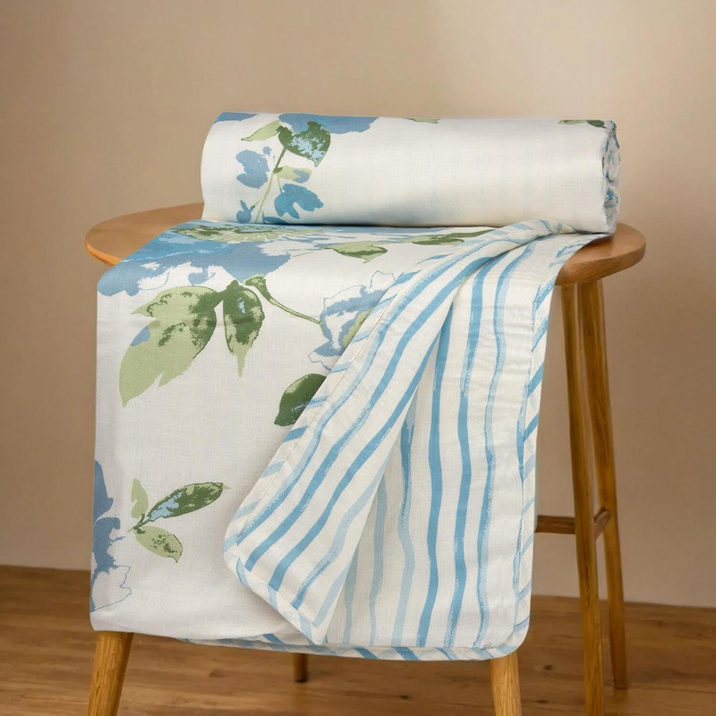 Huesland Floral Double Dohar for  AC Room(Cotton, Cream, Carolina Blue & Green)