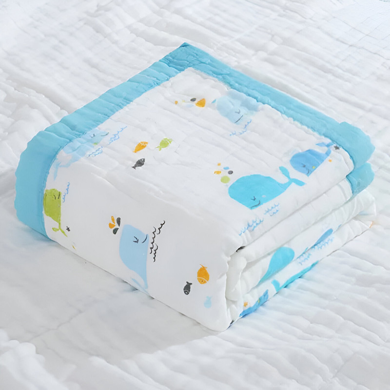 Just Goods Printed Crib Swaddling Baby Blanket for AC Room(Muslin, White,Bule2)