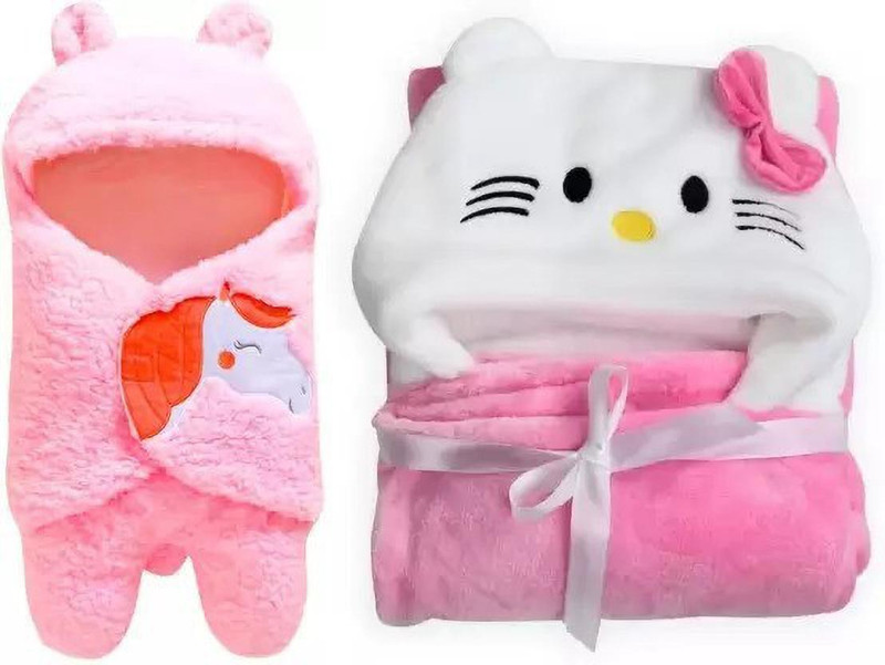 FIRST TREND Printed Single Hooded Baby Blanket for Heavy Winter(Microfiber, Pink)