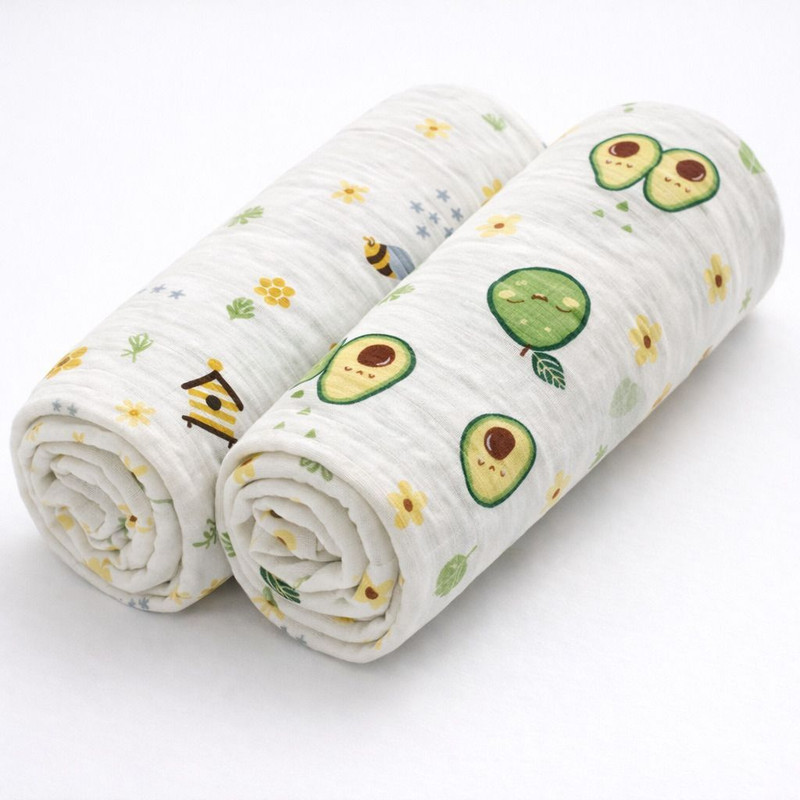 Mini mingle Printed Single Swaddling Baby Blanket for  AC Room(Muslin, Multicolor A (Avo & Bee) (Set of 2))