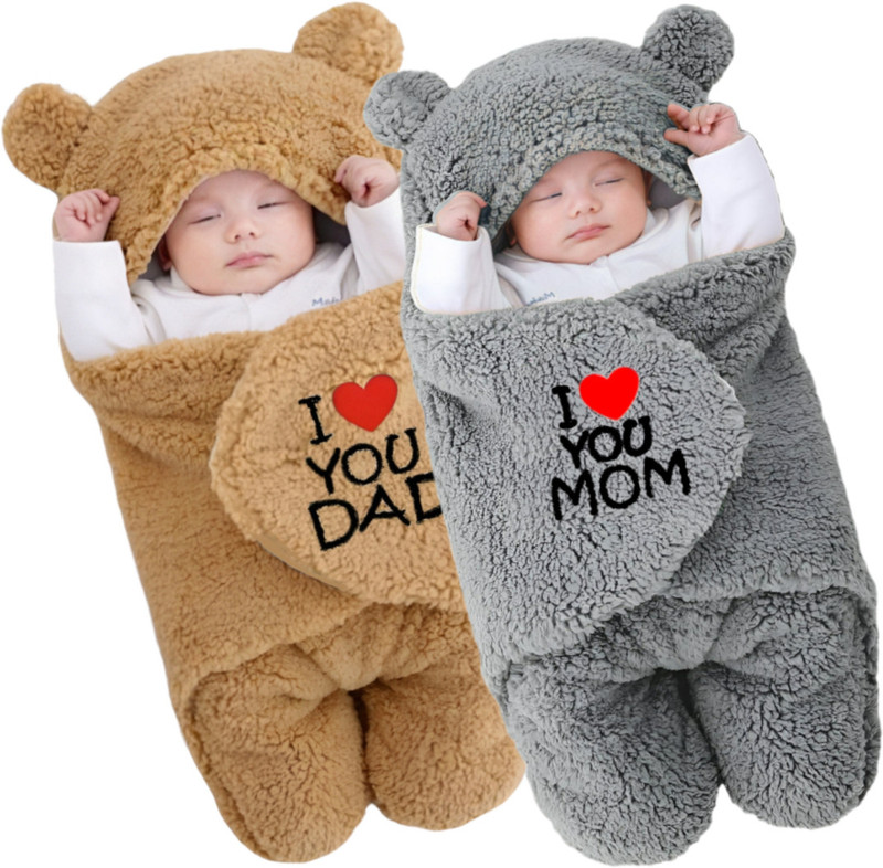 BRANDONN Embroidered Crib Hooded Baby Blanket for  AC Room(Poly Cotton, Beige Dad & Grey Mom)