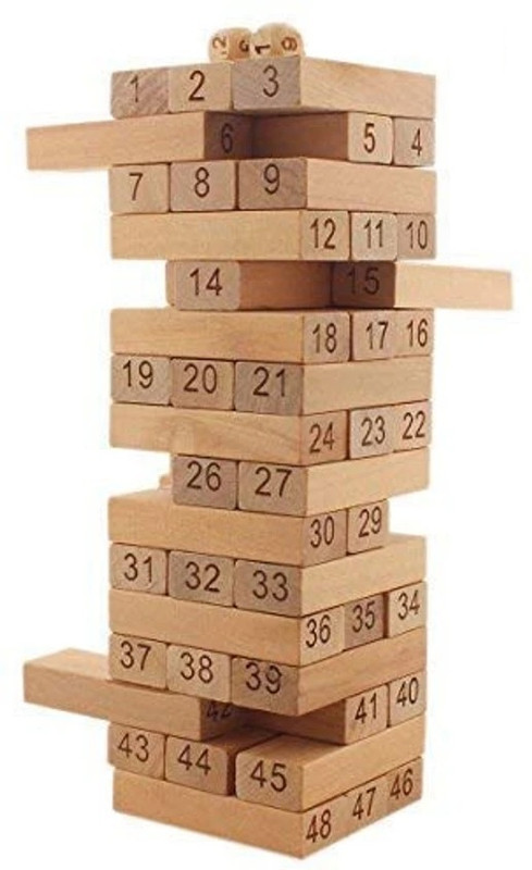 CrazyBuy Wooden Zenga Building Blocks Puzzle 48 Pcs Tile 4 Dice Stacking Game(Brown)