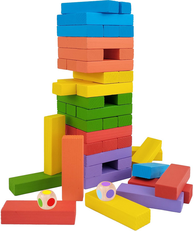 Minnics 54 Pcs Wooden Tumbling Tower Game – Indoor Color Stacking Puzzle Blocks for Kids(Multicolor)