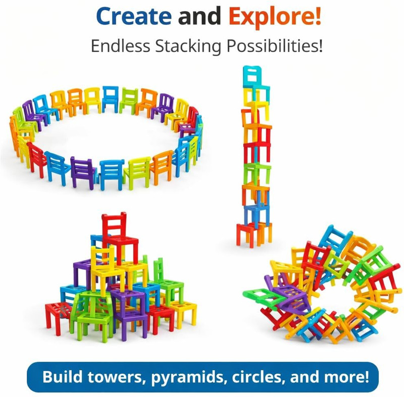 Seekho Stack-Up Chairs Balancing Game Colourful Mini Chairs Family Game for Kids 72 PCS(Multicolor)