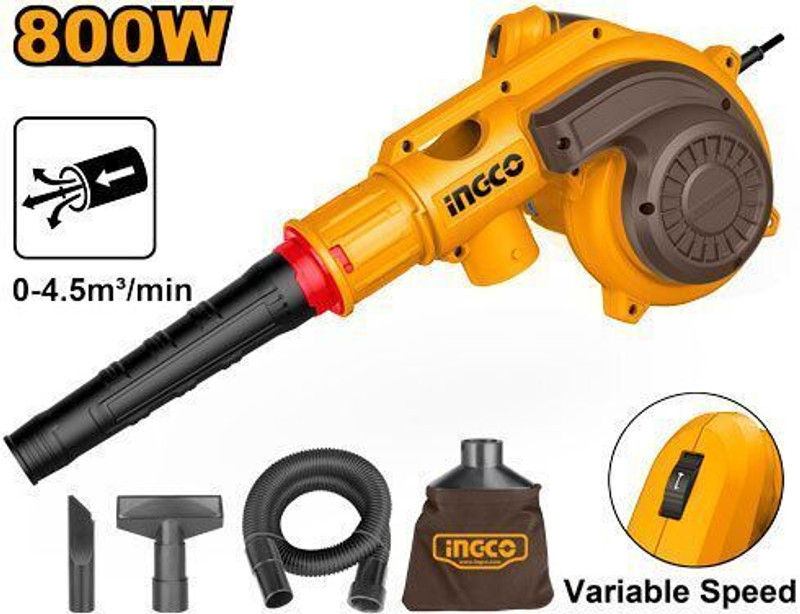 INGCO 800W Aspirator Blower with Dust Bag, Flexible Tube, Suction Nozzles, Air Blower(Corded)