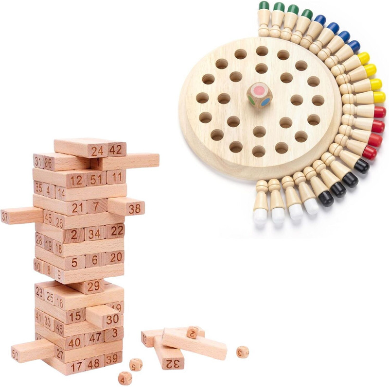 Roarify 2 in 1 Combo pack- Wooden Jenga Tumbling Tower game & Wooden Memory Chess board Party & Fun Board Game
