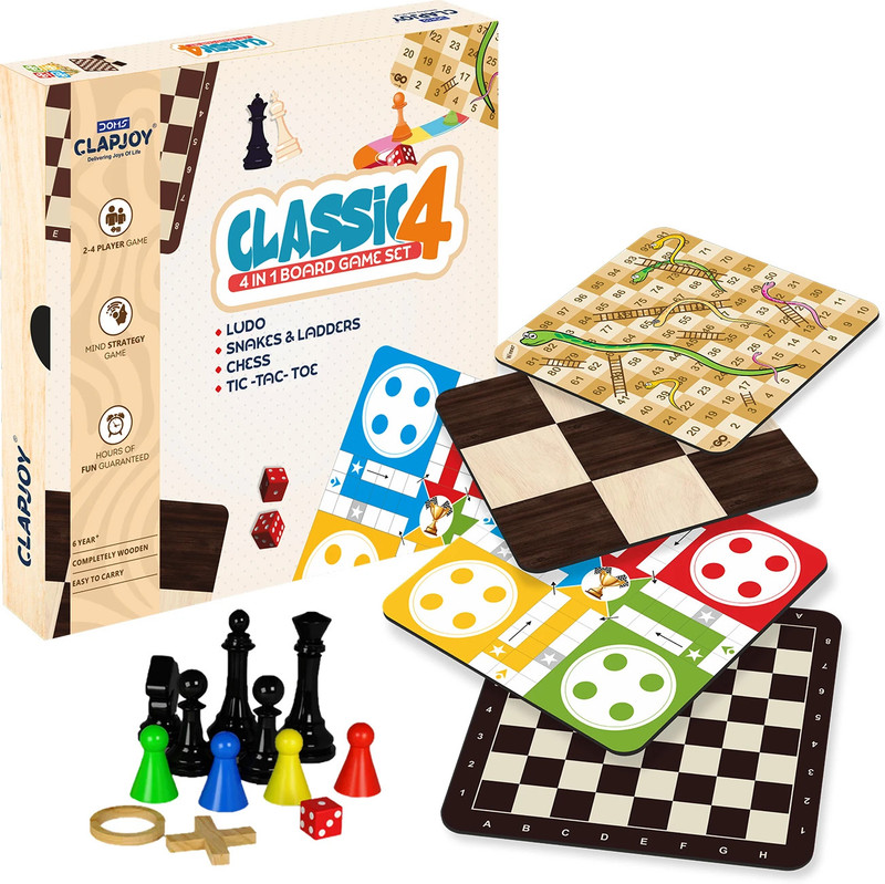 Clapjoy Wooden 4in1 for Kids & Adults|Ludo & Chess|Snake Ladder & Tic Tac Toe Party & Fun Board Game