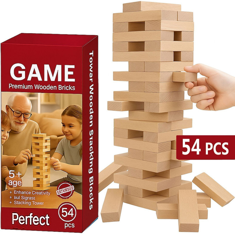 arovemic TOM WOODEN GAME HOT SELLING TRENDING JENGAA WOODEN BLOCK STACKING GAME (54PCS) Board Game Accessories