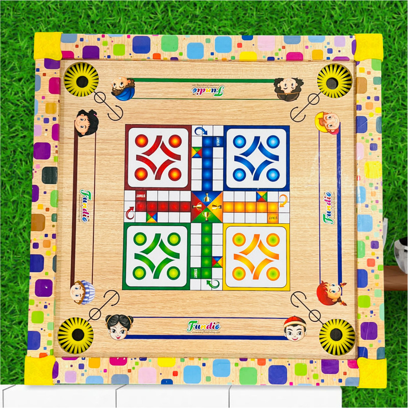 FUNDIO Carrom Board for Kids | 3-in-1 Wooden Carrom Board Game I 14x14 Inch 2 cm Carrom Board(Multicolor)