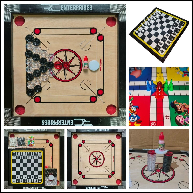 r c enterprises Carrom Board 20*20 Inches (BLACK) COMBO With Ludo, Chess & Free Crystal Coins 4 cm Carrom Board(Black, Beige)
