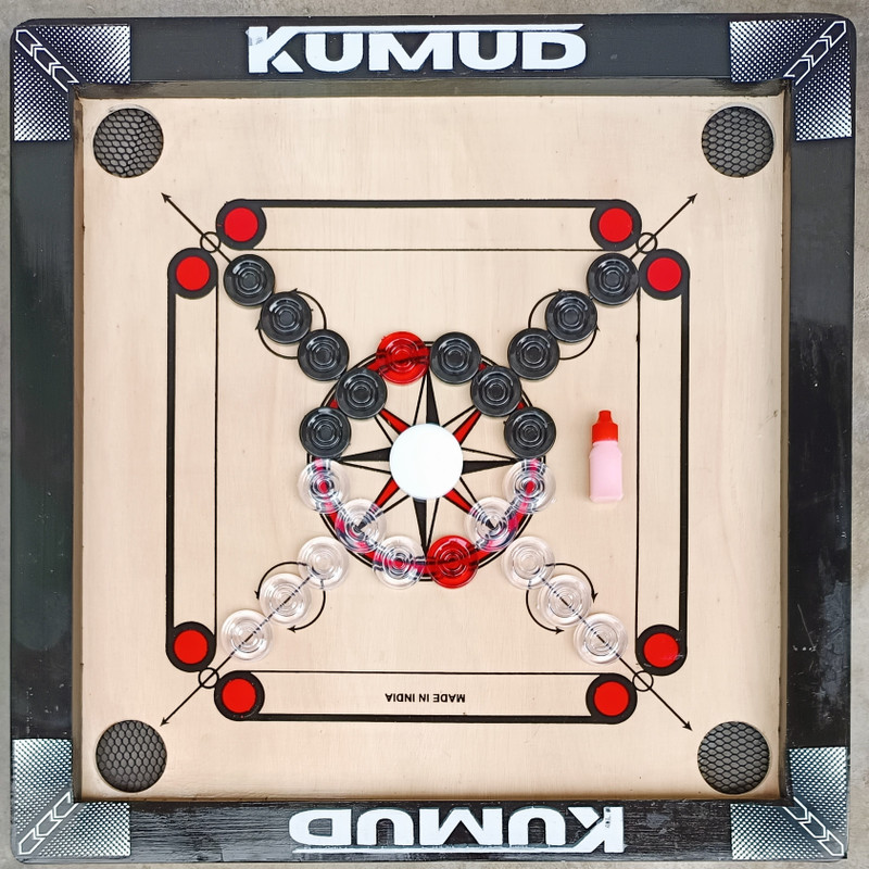 Kumud Carrom Board 20 Inches Heavy Wooden Gloss Finish with Coins, Powder & Stricker 3.7 cm Carrom Board(Black, Beige)