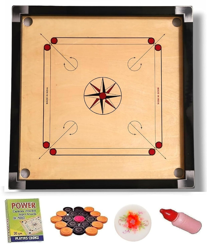 Sports Hustle for Kids 26 Inch Medium Size Gloss Finish Coins, Strikers, Powder 57 cm Carrom Board(Beige, Black)