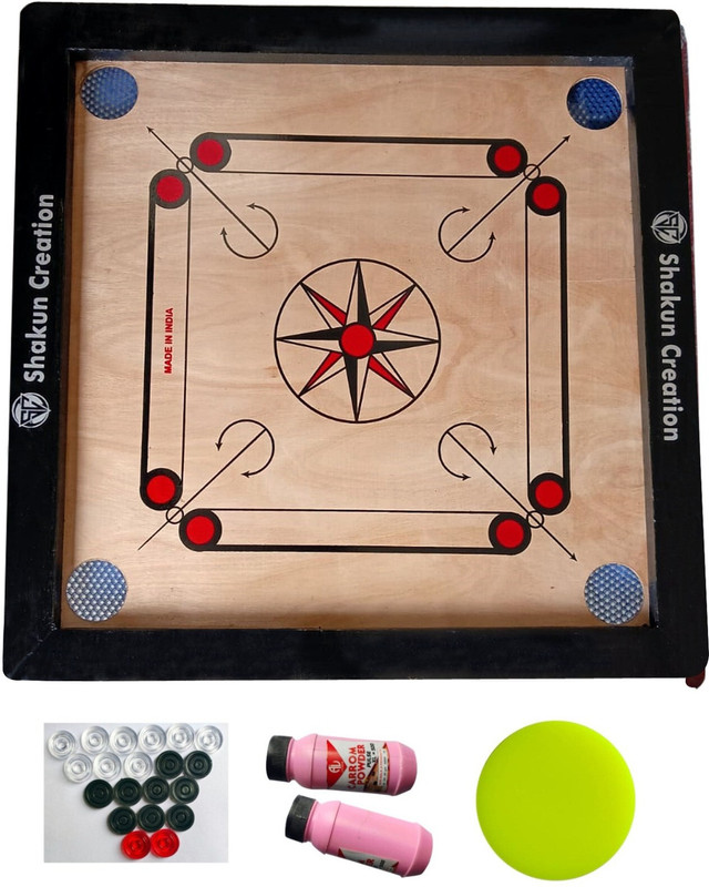 SHAKUNCREATION Kikar Wood Carrom Board Size 26x26 Inches Glossy Polish with Coin,Stricker 66 cm Carrom Board(Black)