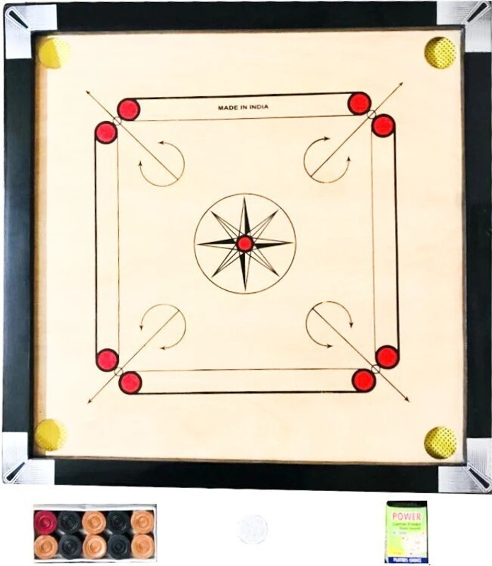 woodshy Medium 26-26 Inch with Gloss Finish, Powder 2 Set Coins and Strikers 3 cm Carrom Board(Black, Beige)