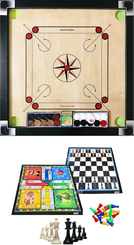 SSPORTSHUB 3-in-1 Combo: WOODEN Laminated Carrom Board with Ludo & Chess Games 50 cm Carrom Board(Beige)