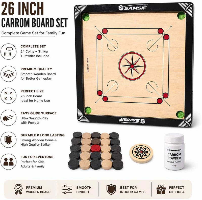 SAMSIF Heavy Duty 26 Inch | Reinforced Frame | Indoor Family Game Set 4 cm Carrom Board(Multicolor)