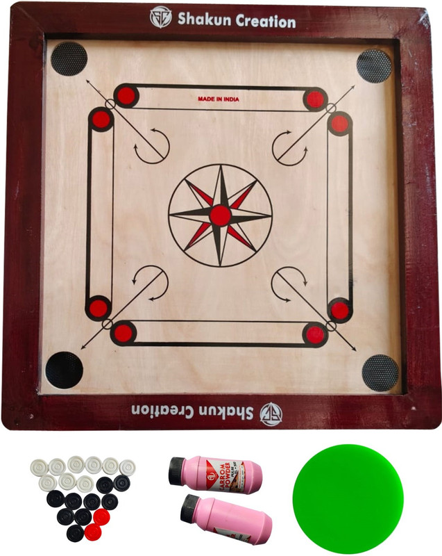 SHAKUNCREATION Kikar Wood Carrom Board Size 20x20 Inches Glossy Polish with Coin,Stricker 50 cm Carrom Board(Brown)