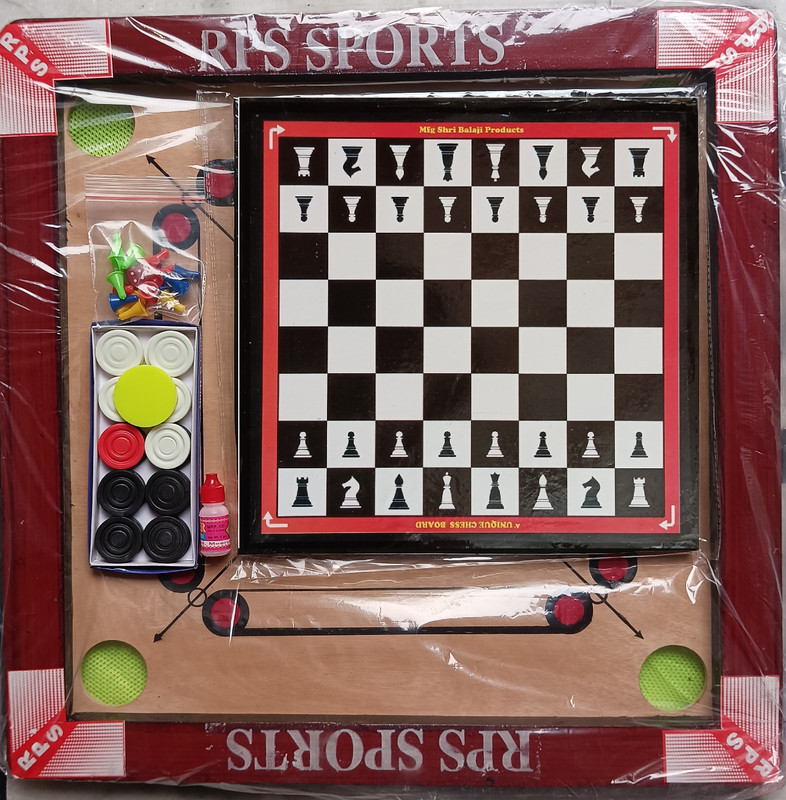 RPS sports CARROM BOARD 20 INCH WITH CHESS LUDO, CARROM COIN, STRIKER AND POWDER 50 cm Carrom Board(Red)