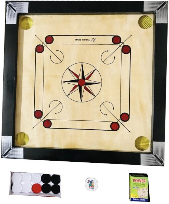 HouseOfCommon Carrom Board Small with Gloss Finish,Striker,Coins and Powder 50 cm Carrom Board(Black, Beige)