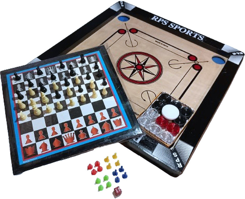 RPS sports CARROM BOARD 20 inch with Chess & Ludo , 24Pcs. Crystal Coins, Powder, Striker 50 cm Carrom Board(Beige)