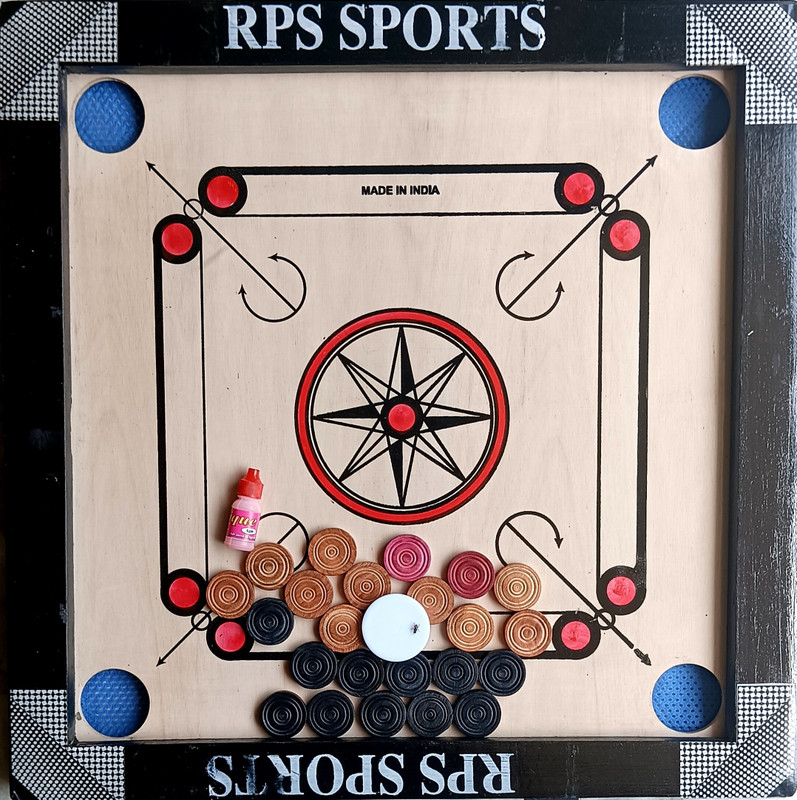 RPS Carrom Board 20x20 inches |24 pcs Wood Coins| Powder & Striker 20 cm Carrom Board(Black, Beige)