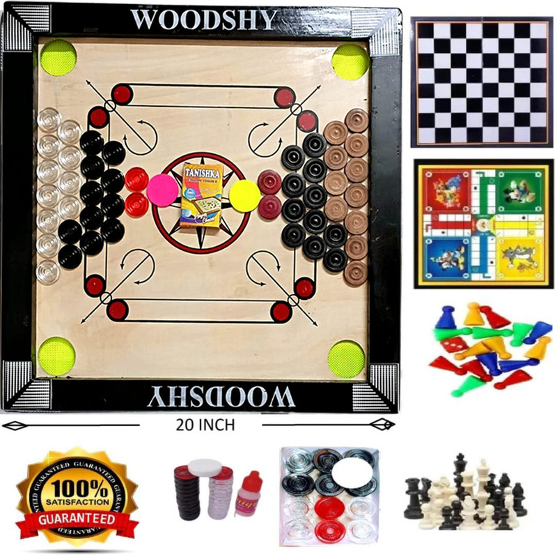 woodshy mixed Carrom Board with ludo & chess for Kids 20 inche glossy finish 4 cm Carrom Board(Beige, Black)