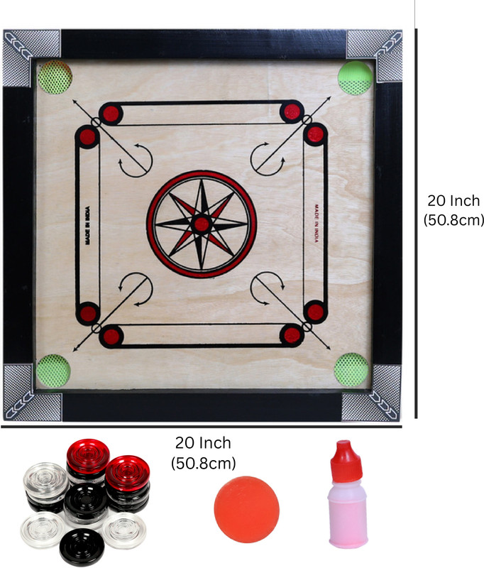 r c enterprises Carrom Board 20inch With Ludo Snake& 24 pcs Crystal Coins and super disco powder 50.8 cm Carrom Board(Black, Beige)