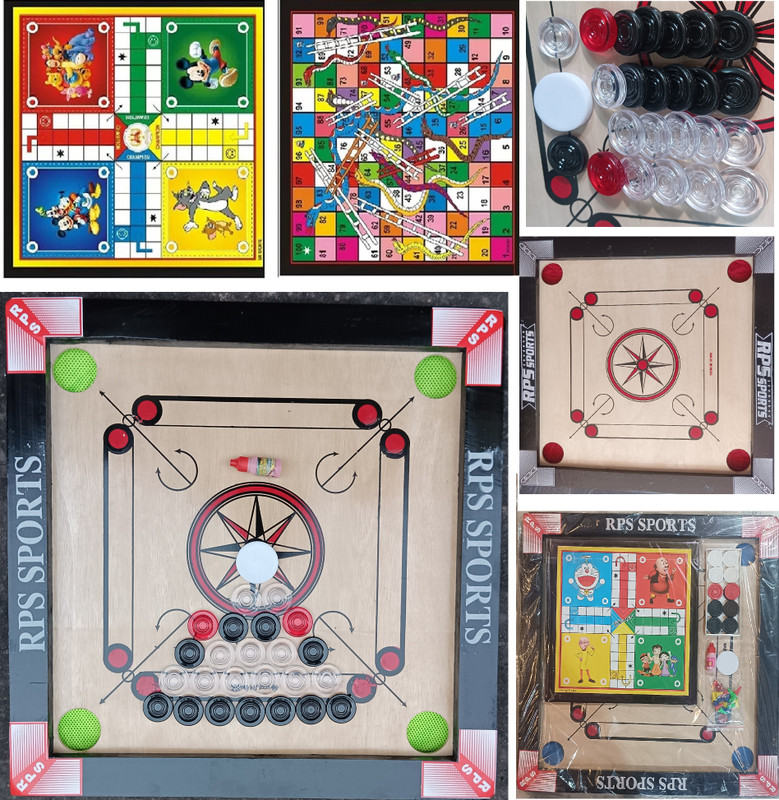 HouseOfCommon CARROM BOARD with Ludo & Snake n Ladder, 24Pcs. Crystal Coins, Powder, Striker 50 cm Carrom Board(Beige, Black)