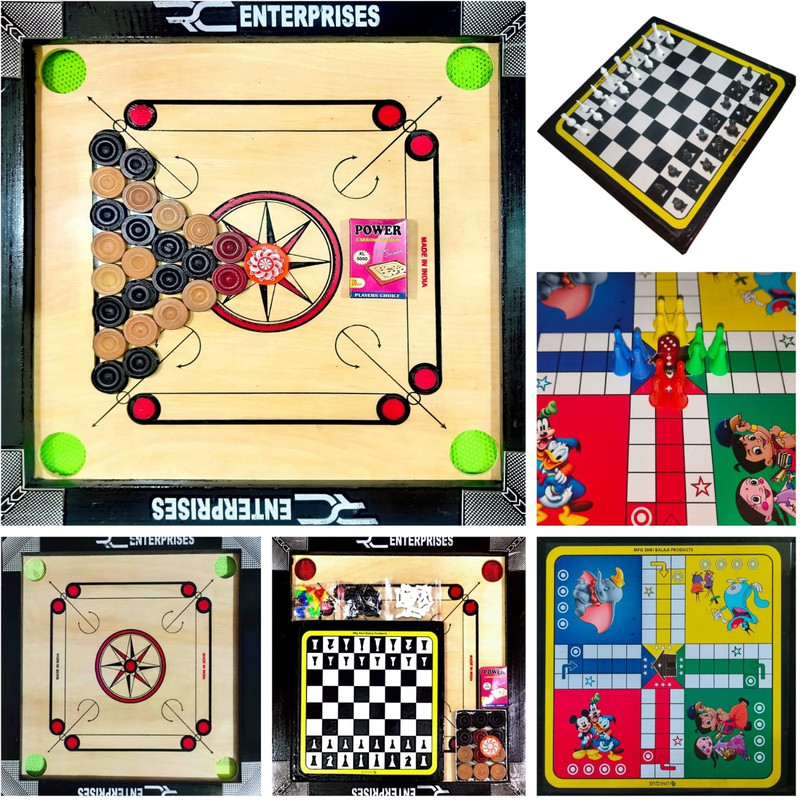 r c enterprises CARROM BOARD 20 Inch with Ludo&Chess, 24Pcs. Wooden Coins, Powder, Striker 50 cm Carrom Board(Black)