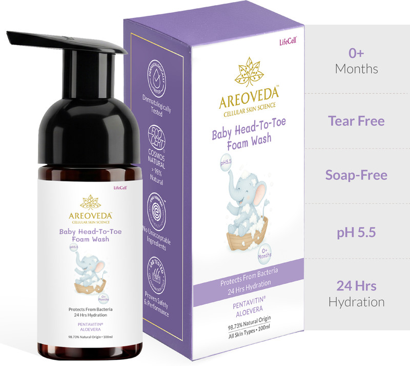 Areoveda Baby Head To Toe Foam Wash With PENTAVITIN, pH 5.5, 24 Hrs Hydration, Tear Free(100 ml)