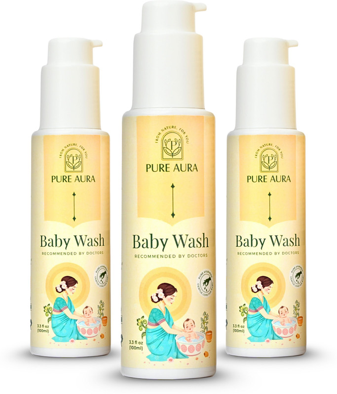Pure Aura Baby Wash Pack of 3 | Ayurvedic Herb Blend | Tear-Free, Gentle & Vegan Care(3 x 200 ml)