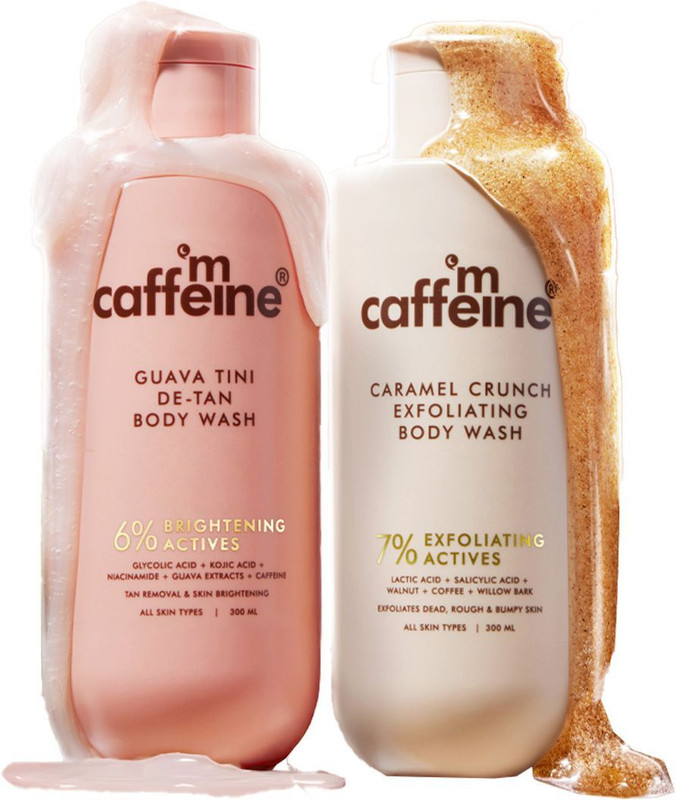 mCaffeine De-Tan & Exfoliating Body Washes Combo (Guava + Caramel), Brightens & Smoothens(2 x 300 ml)